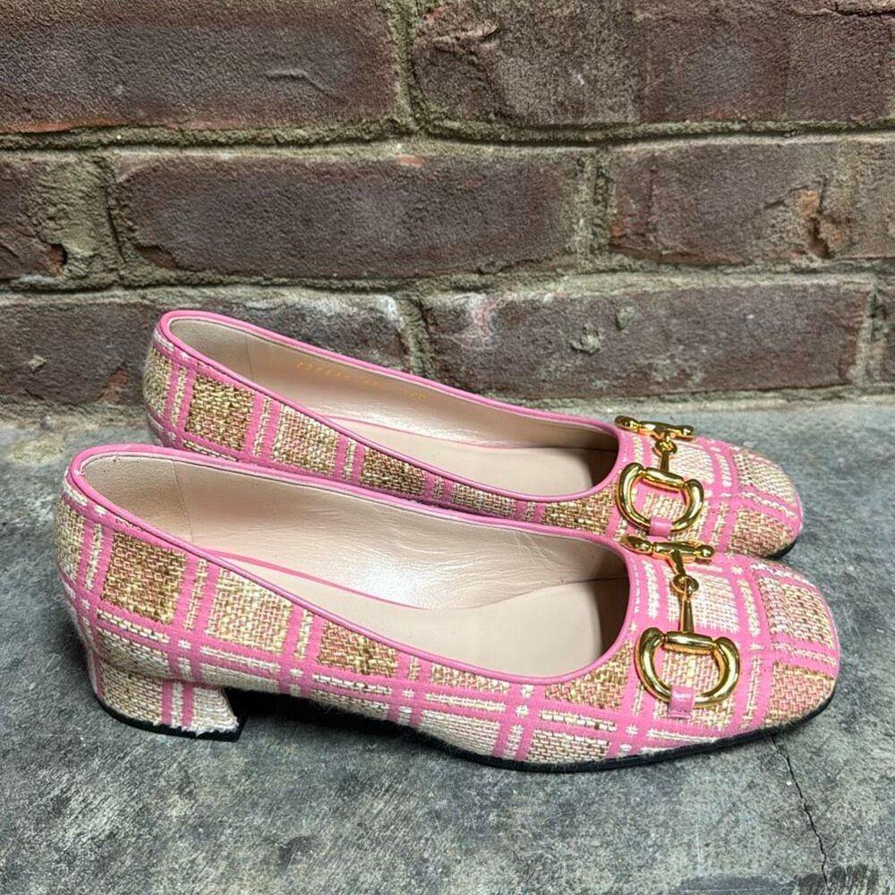 Gucci Pink & Gold Ken Scott Garden Checkered Horsebit Block Heels Size 38/US 8